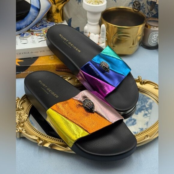 🆕 KURT GEIGER LONDON 🧿 NWOT Meena Eagle Metallic Pool Slide - Size 41 US 10 - Picture 8 of 13